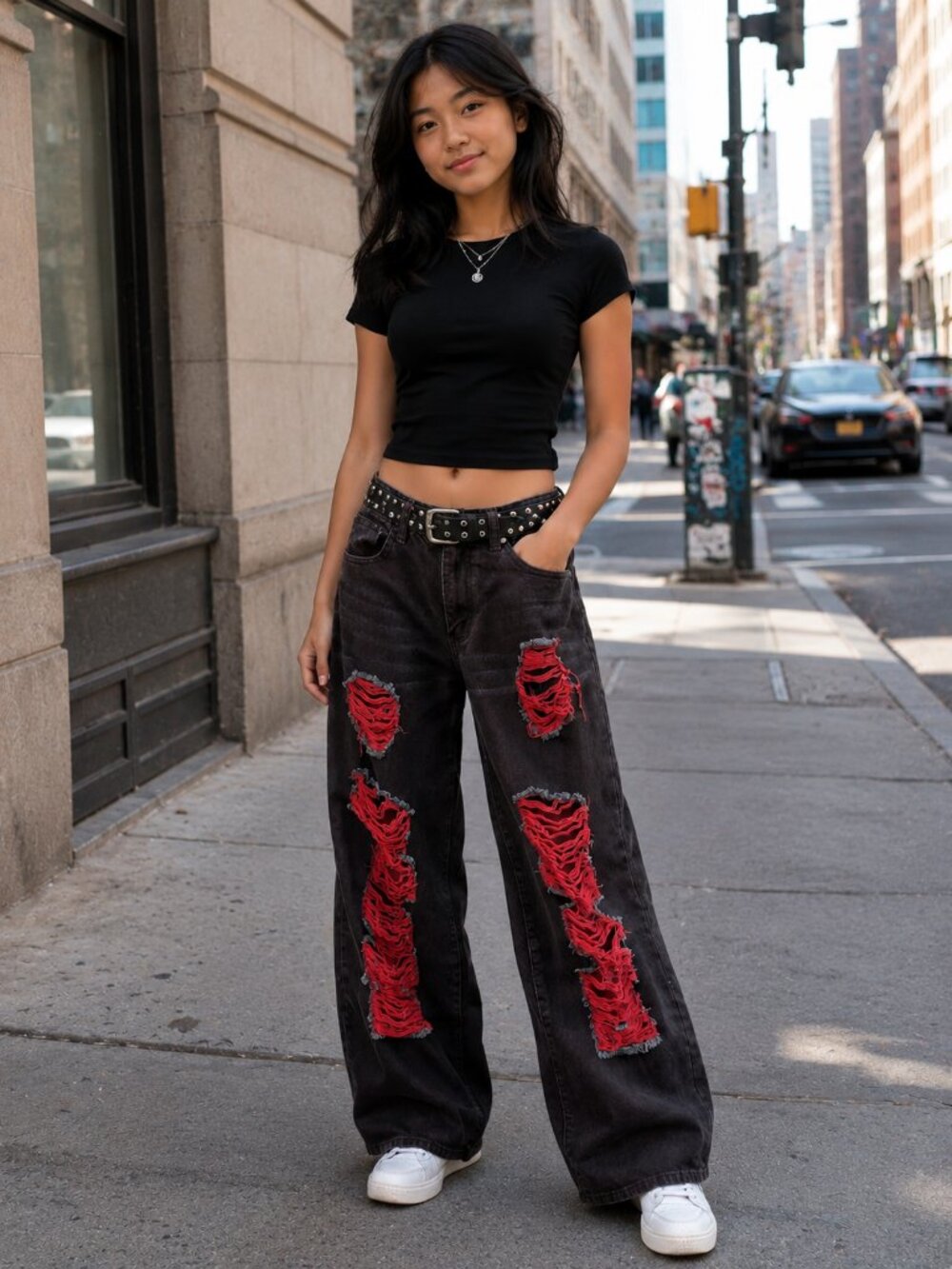 Hot Topic Red and Black Distressed Wide Leg Belted Jeans Junior Medium MD 7-9